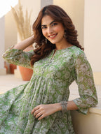 Janasya Dark Chiffon Floral A-Line Kurta
