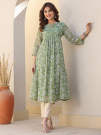 Janasya Dark Chiffon Floral A-Line Kurta