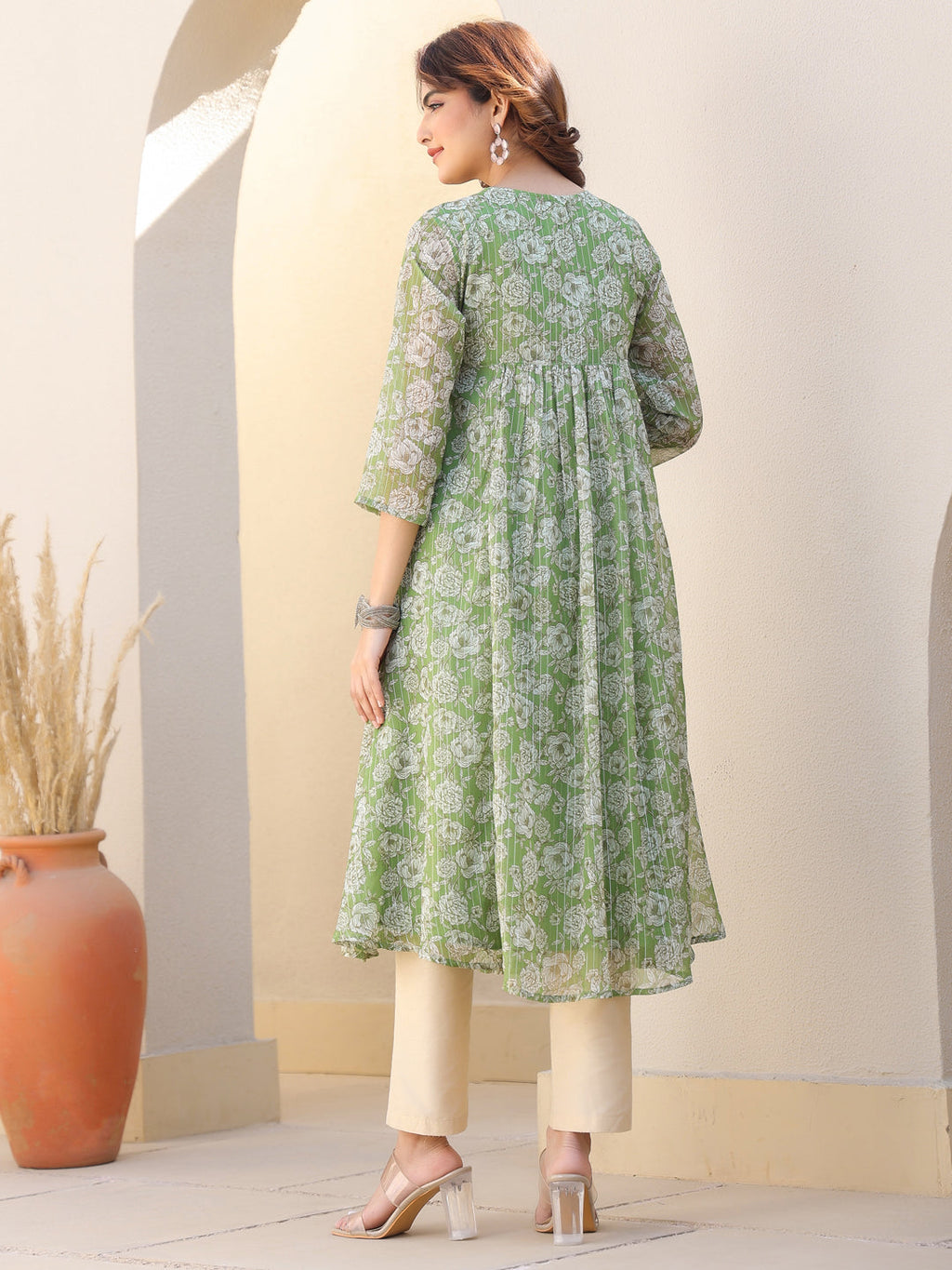 Janasya Dark Chiffon Floral A-Line Kurta