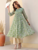 Janasya Dark Chiffon Floral A-Line Kurta