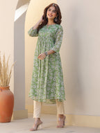 Janasya Dark Chiffon Floral A-Line Kurta