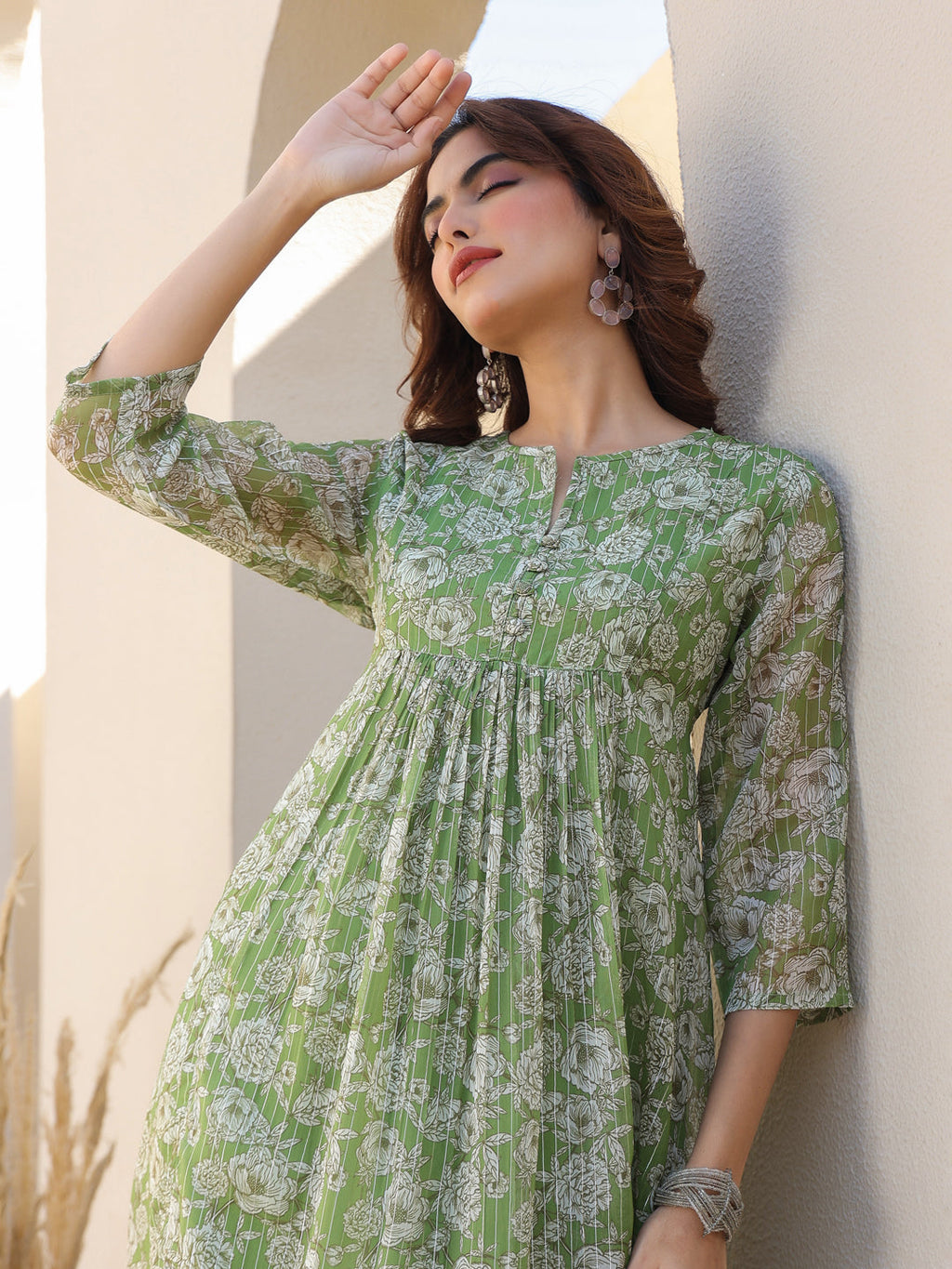 Janasya Dark Chiffon Floral A-Line Kurta
