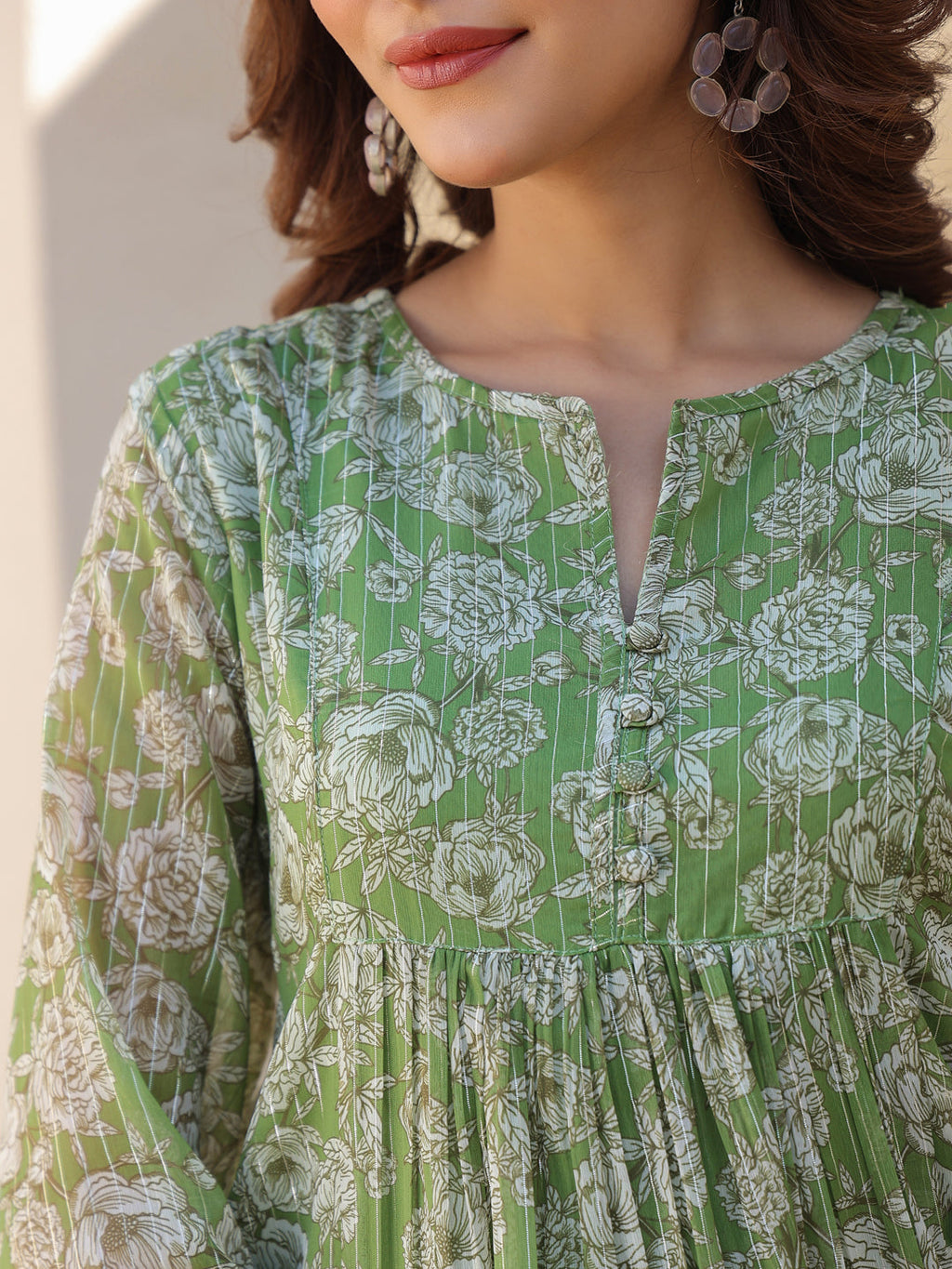 Janasya Dark Chiffon Floral A-Line Kurta