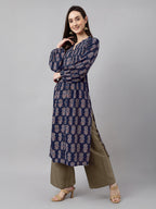 Janasya Dark Cotton Floral A-Line Kurta