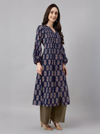 Janasya Dark Cotton Floral A-Line Kurta