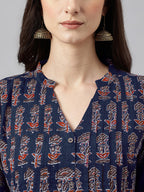 Janasya Dark Cotton Floral A-Line Kurta
