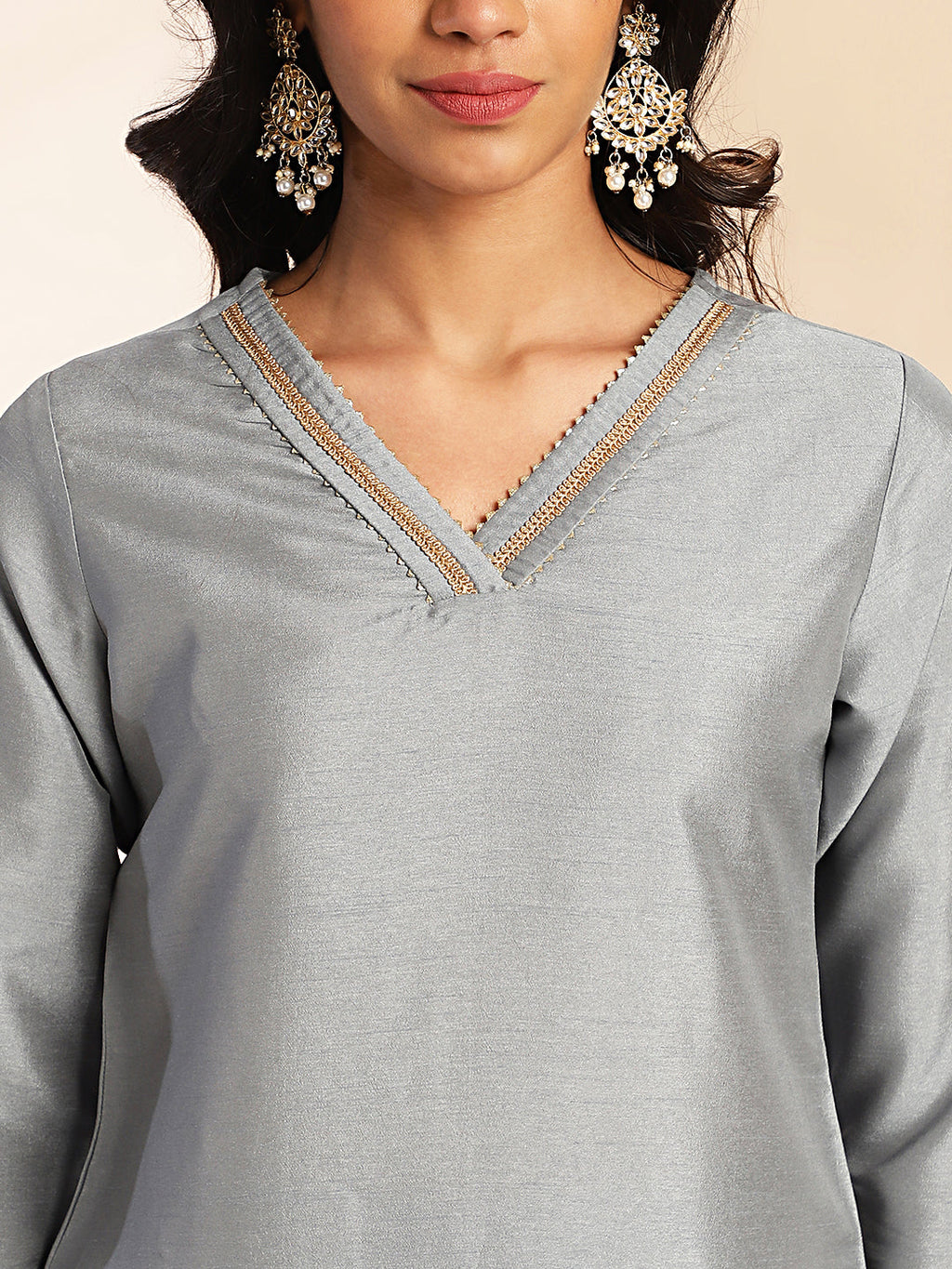 Janasya Grey Crepe Silk Solid Regular Kurta Set