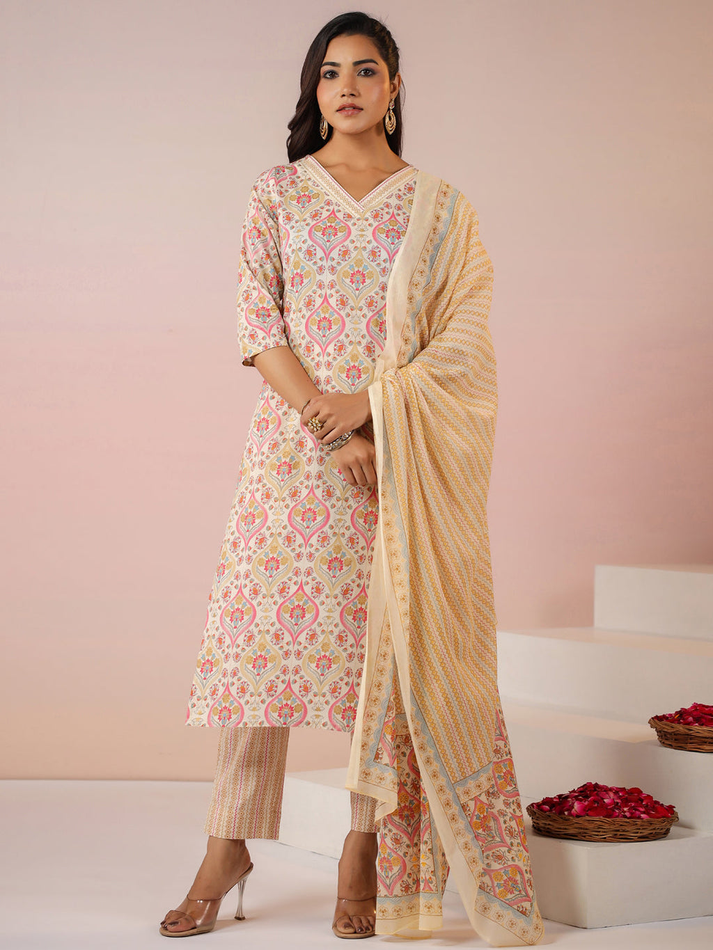Janasya Beige Cambric Ethnic Motifs Kurta,Bottom & Dupatta