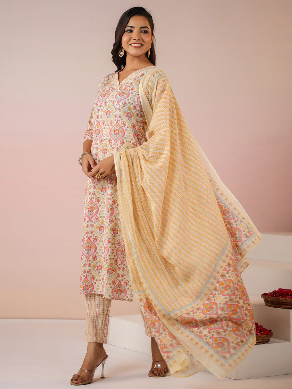 Janasya Beige Cambric Ethnic Motifs Kurta,Bottom & Dupatta