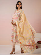 Janasya Beige Cambric Ethnic Motifs Kurta,Bottom & Dupatta
