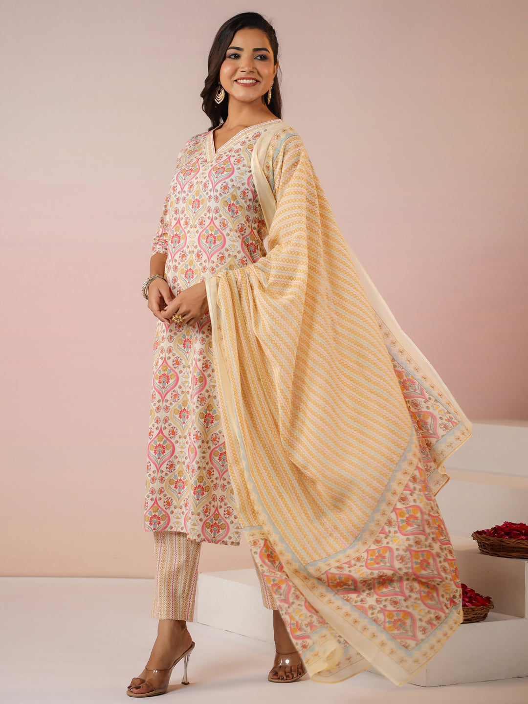 Janasya Beige Cambric Ethnic Motifs Kurta,Bottom & Dupatta