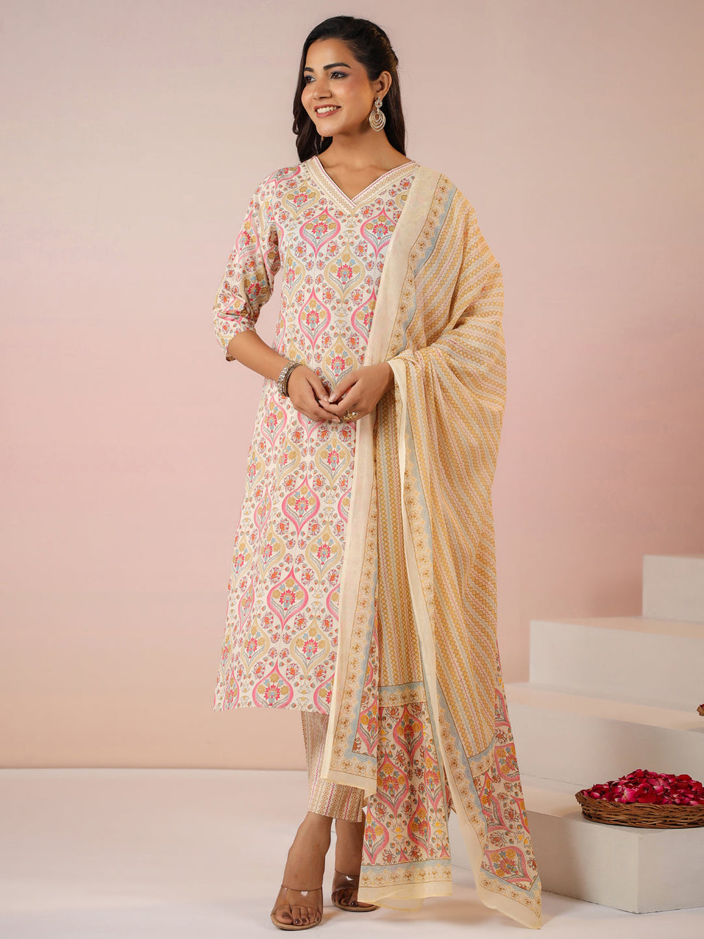Janasya Beige Cambric Ethnic Motifs Kurta,Bottom & Dupatta