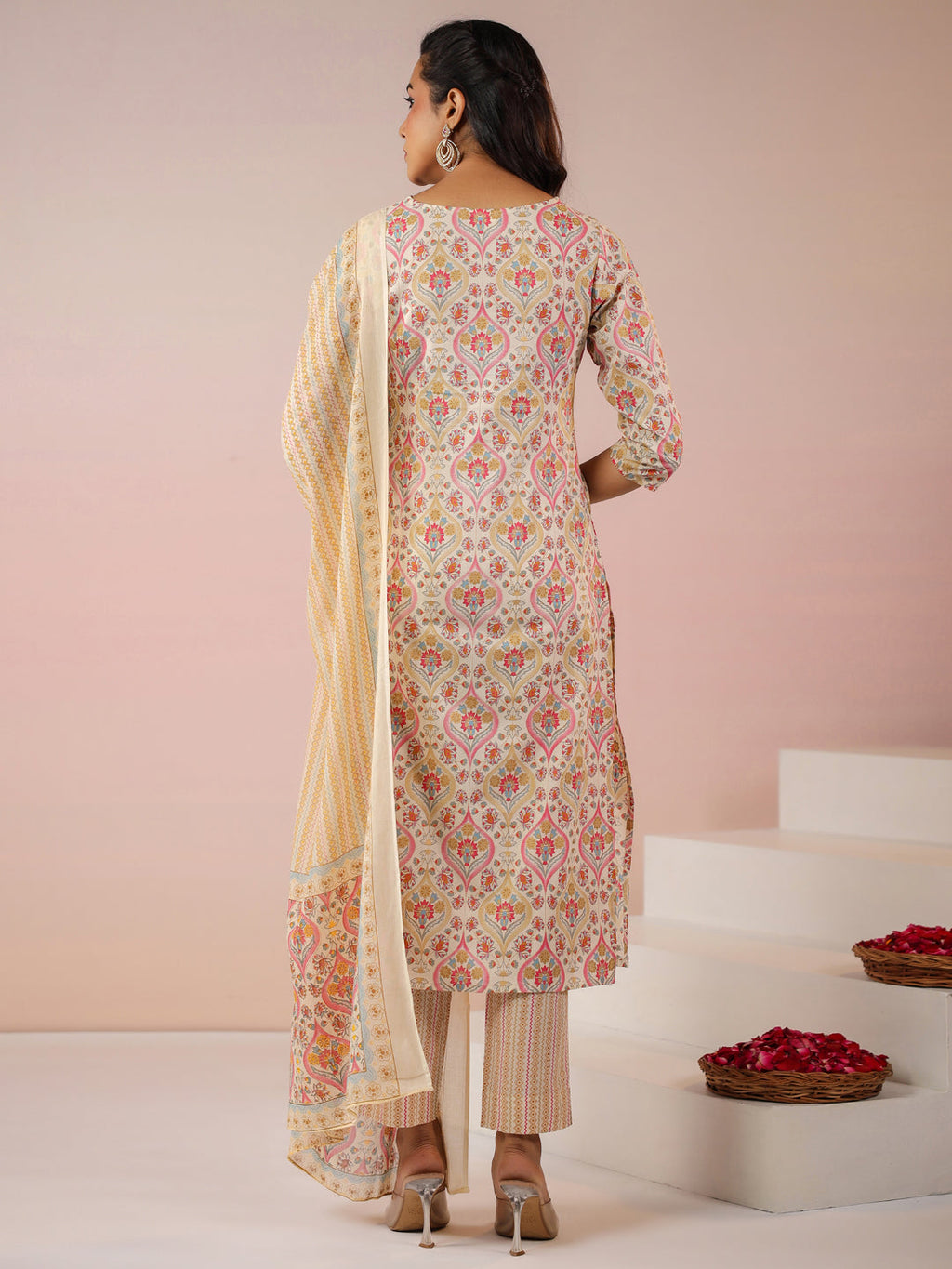 Janasya Beige Cambric Ethnic Motifs Kurta,Bottom & Dupatta