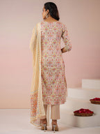 Janasya Beige Cambric Ethnic Motifs Kurta,Bottom & Dupatta