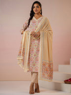 Janasya Beige Cambric Ethnic Motifs Kurta,Bottom & Dupatta