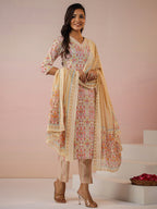 Janasya Beige Cambric Ethnic Motifs Kurta,Bottom & Dupatta