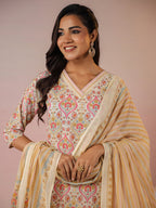 Janasya Beige Cambric Ethnic Motifs Kurta,Bottom & Dupatta