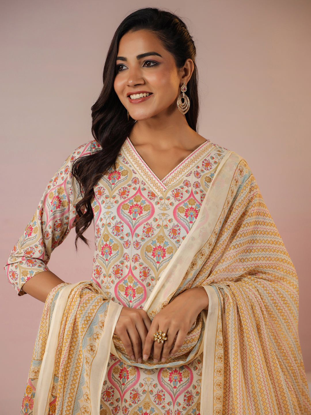 Janasya Beige Cambric Ethnic Motifs Kurta,Bottom & Dupatta