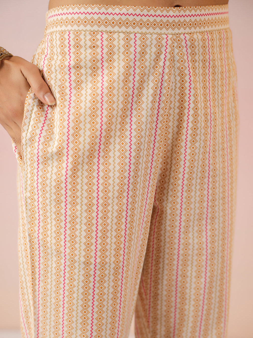 Janasya Beige Cambric Ethnic Motifs Kurta,Bottom & Dupatta