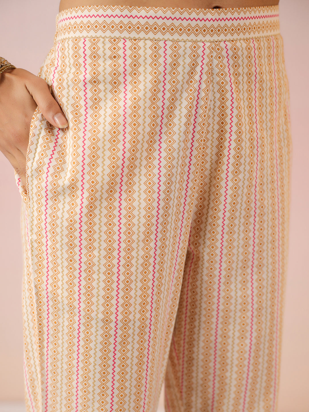 Janasya Beige Cambric Ethnic Motifs Kurta,Bottom & Dupatta