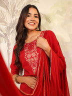 Janasya Dark Chanderi Embroidered Straight Kurta Set