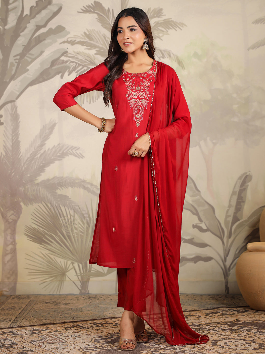 Janasya Dark Chanderi Embroidered Straight Kurta Set