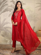 Janasya Dark Chanderi Embroidered Straight Kurta Set