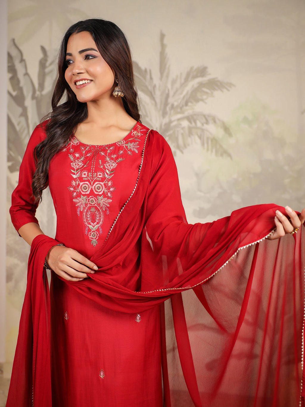 Janasya Dark Chanderi Embroidered Straight Kurta Set