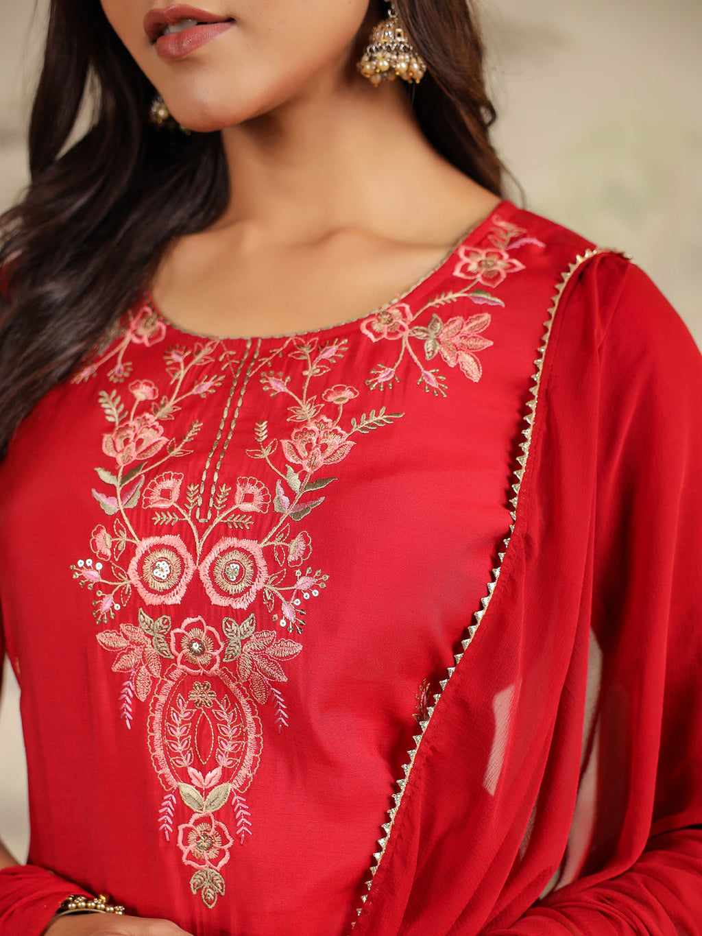 Janasya Dark Chanderi Embroidered Straight Kurta Set