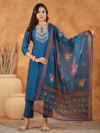 Janasya Dark Silk Blend Yoke Embroidery Straight Kurta Set