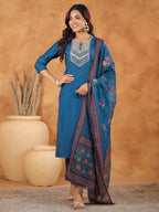 Janasya Dark Silk Blend Yoke Embroidery Straight Kurta Set