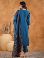 Janasya Dark Silk Blend Yoke Embroidery Straight Kurta Set