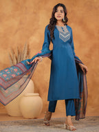 Janasya Dark Silk Blend Yoke Embroidery Straight Kurta Set
