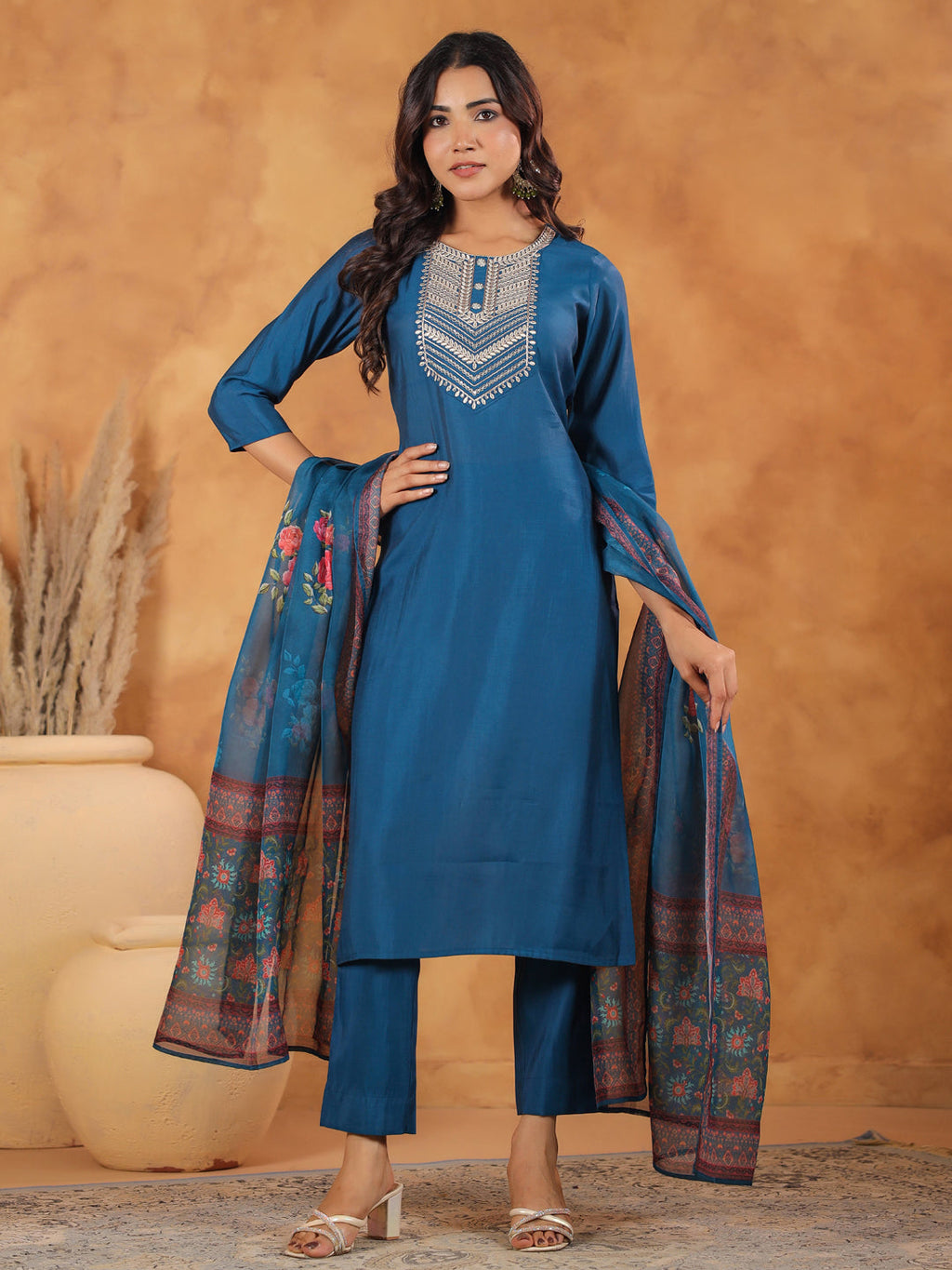 Janasya Dark Silk Blend Yoke Embroidery Straight Kurta Set