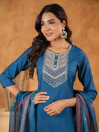 Janasya Dark Silk Blend Yoke Embroidery Straight Kurta Set