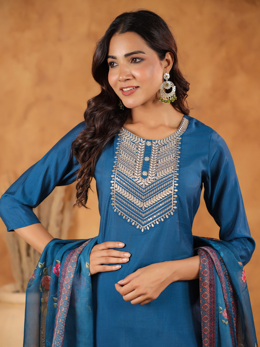 Janasya Dark Silk Blend Yoke Embroidery Straight Kurta Set