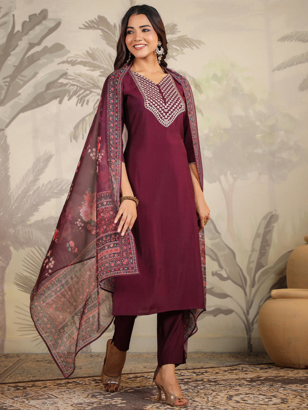 Janasya Dark Chanderi Yoke Embroidery Straight Kurta Set