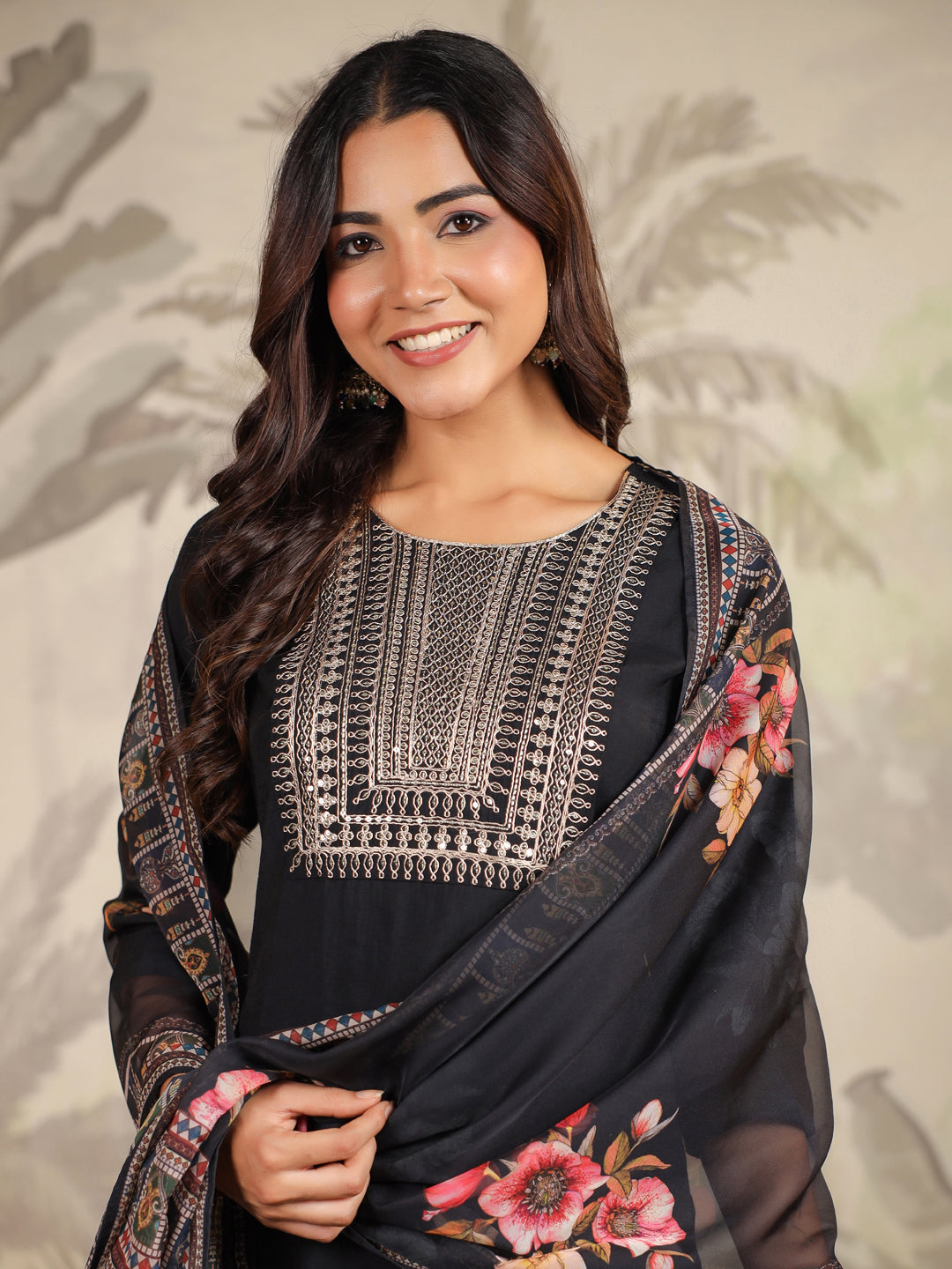 Janasya Dark Chanderi Yoke Embroidery Straight Kurta Set