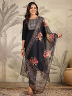 Janasya Dark Chanderi Yoke Embroidery Straight Kurta Set