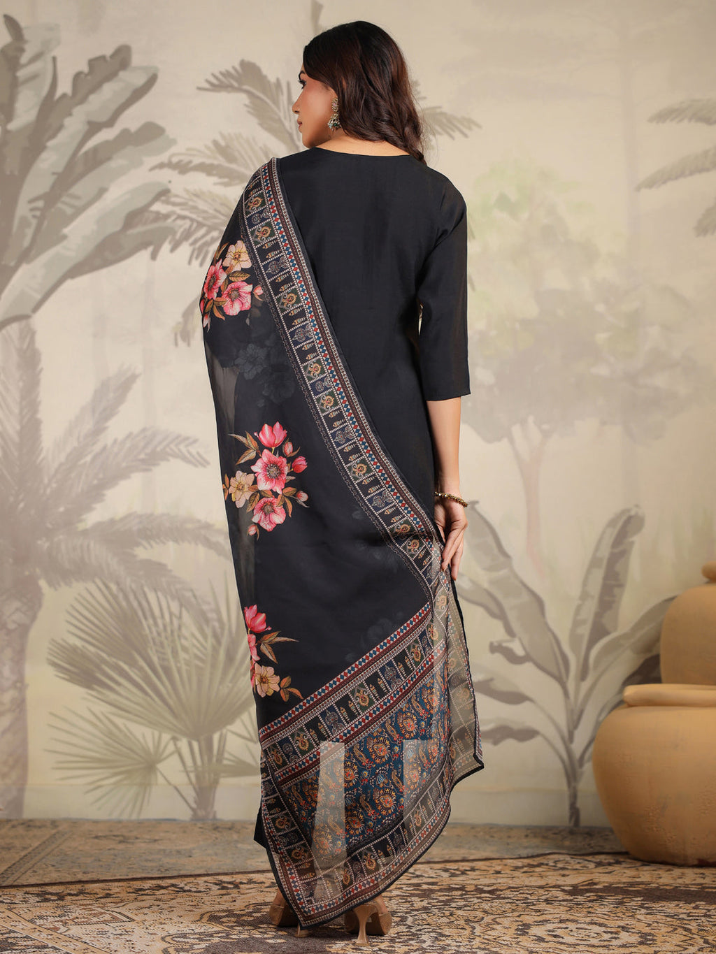 Janasya Dark Chanderi Yoke Embroidery Straight Kurta Set