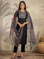 Janasya Dark Chanderi Yoke Embroidery Straight Kurta Set