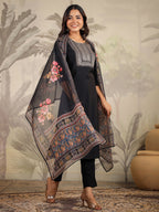 Janasya Dark Chanderi Yoke Embroidery Straight Kurta Set