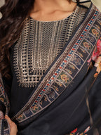 Janasya Dark Chanderi Yoke Embroidery Straight Kurta Set