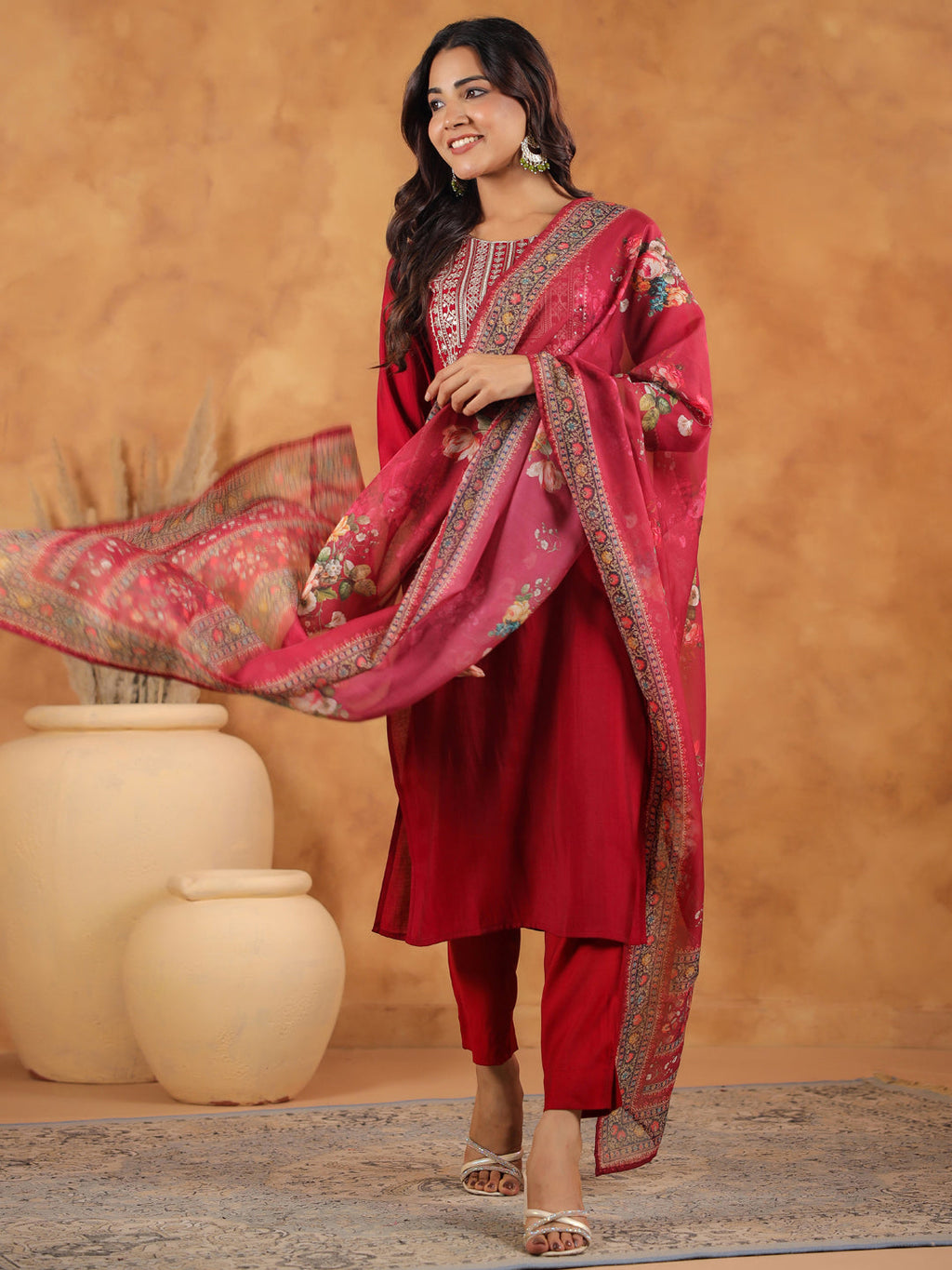 Janasya Dark Chanderi Yoke Embroidery Straight Kurta Set