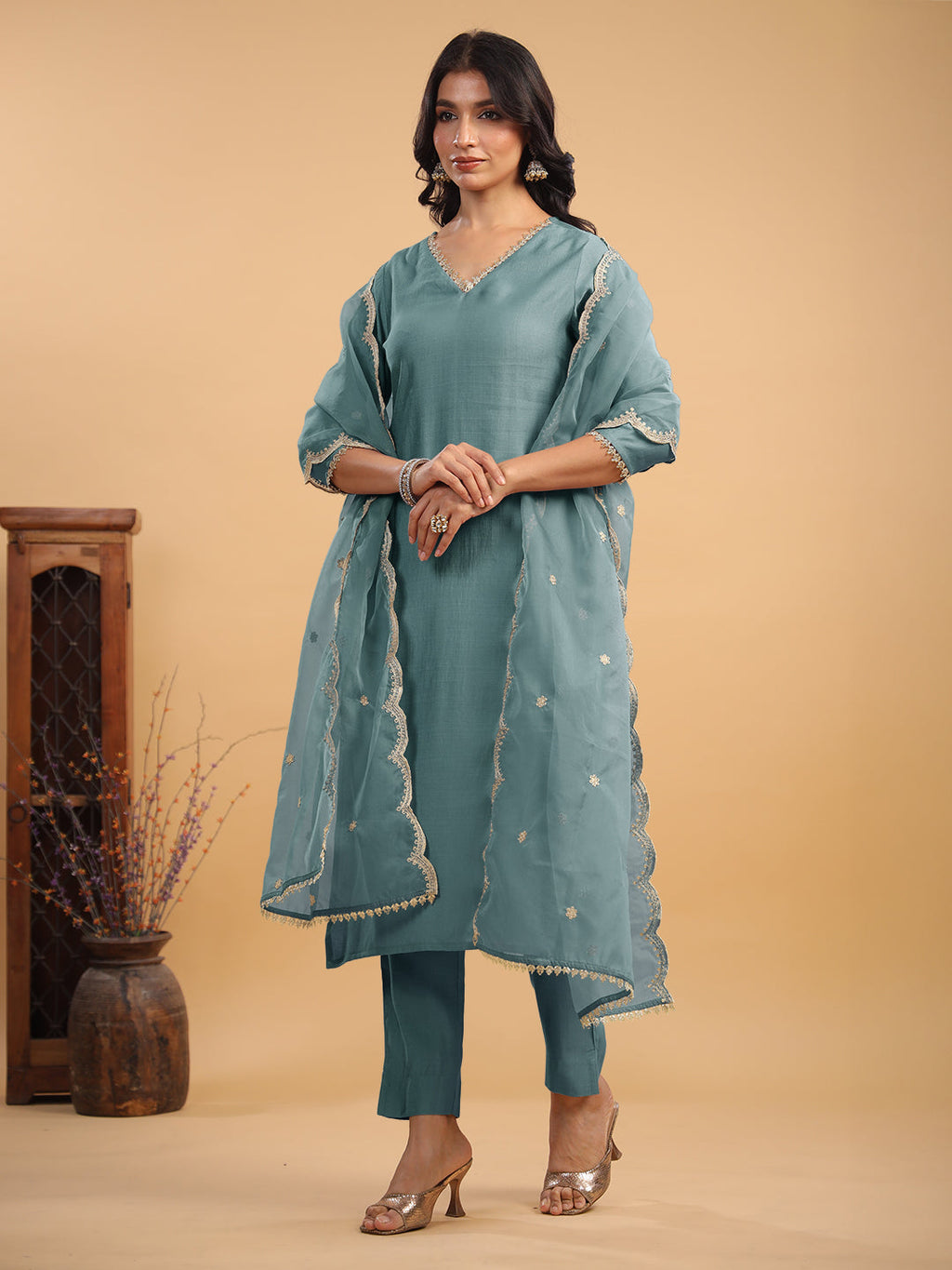 Janasya Light Chanderi Solid Straight Kurta Set - Distacart