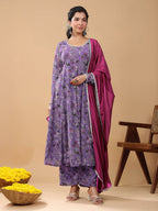 Janasya Bright Georgette Floral A-Line Kurta Set