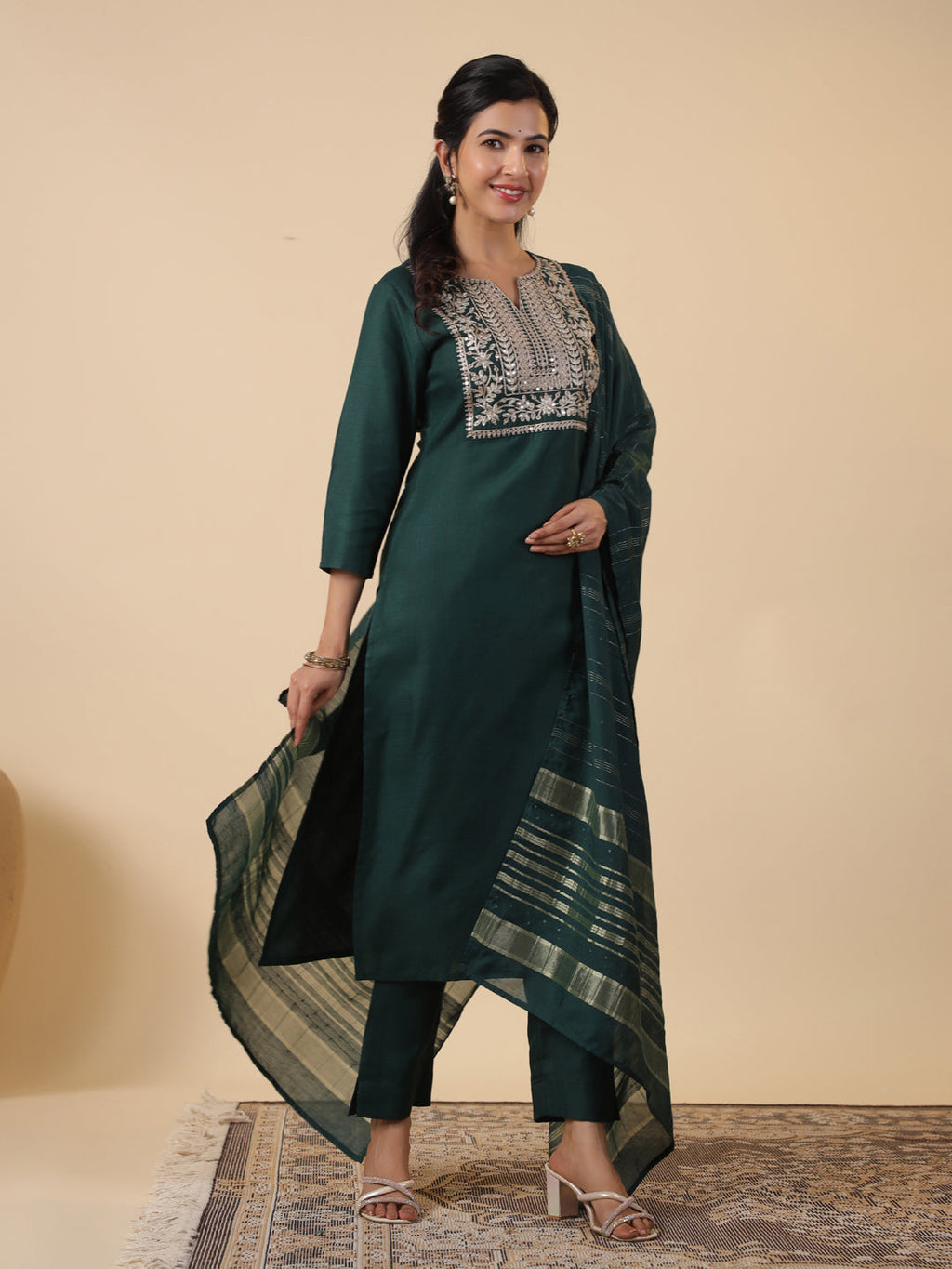 Janasya Dark Cotton Blend Yoke Embroidery Straight Kurta Set