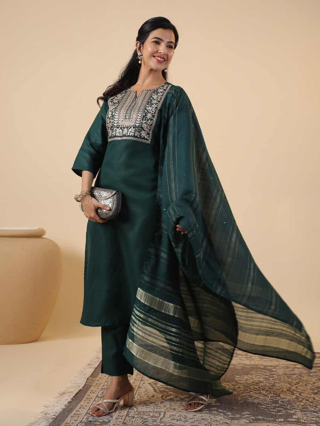 Janasya Dark Cotton Blend Yoke Embroidery Straight Kurta Set
