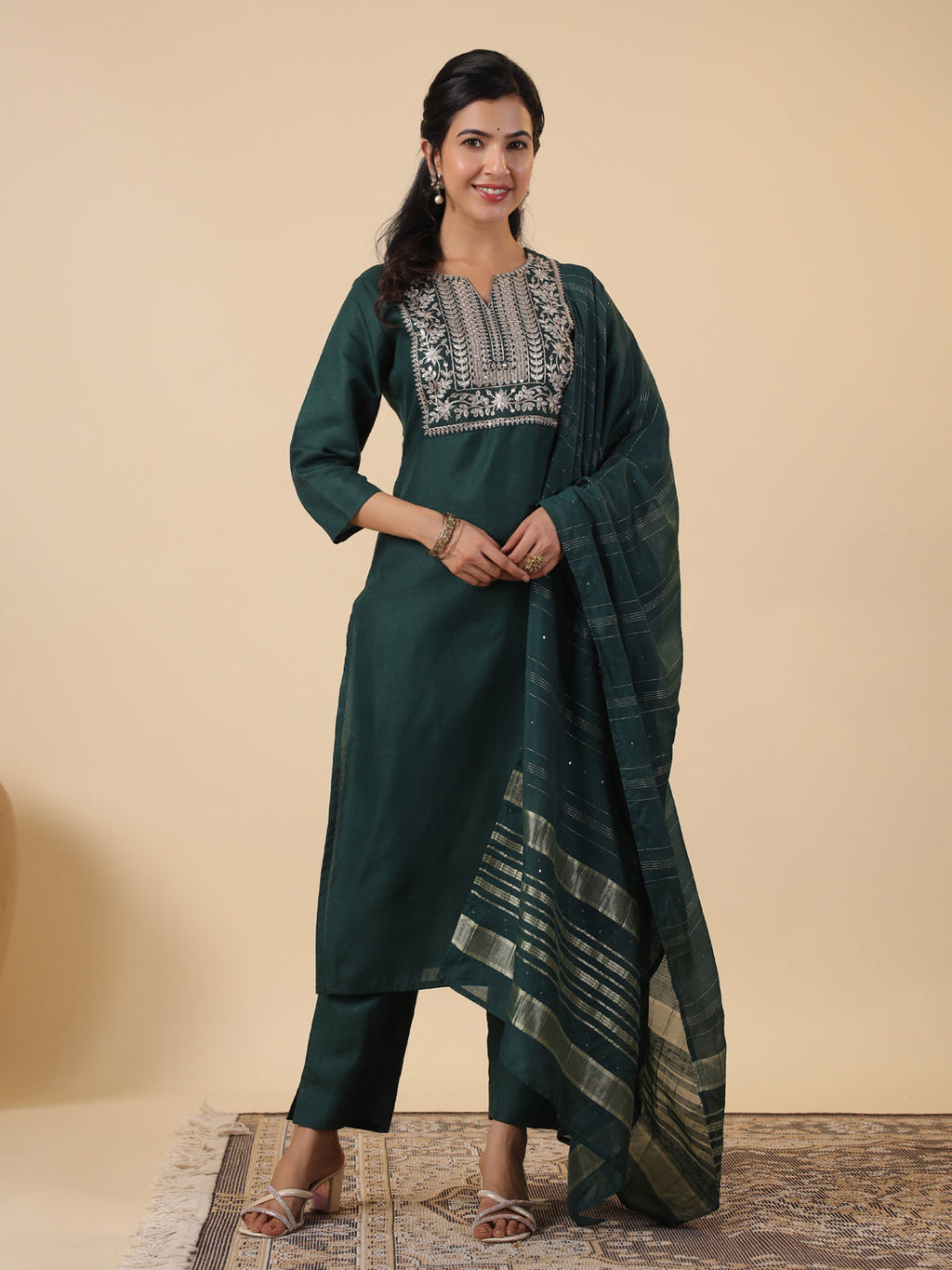 Janasya Dark Cotton Blend Yoke Embroidery Straight Kurta Set