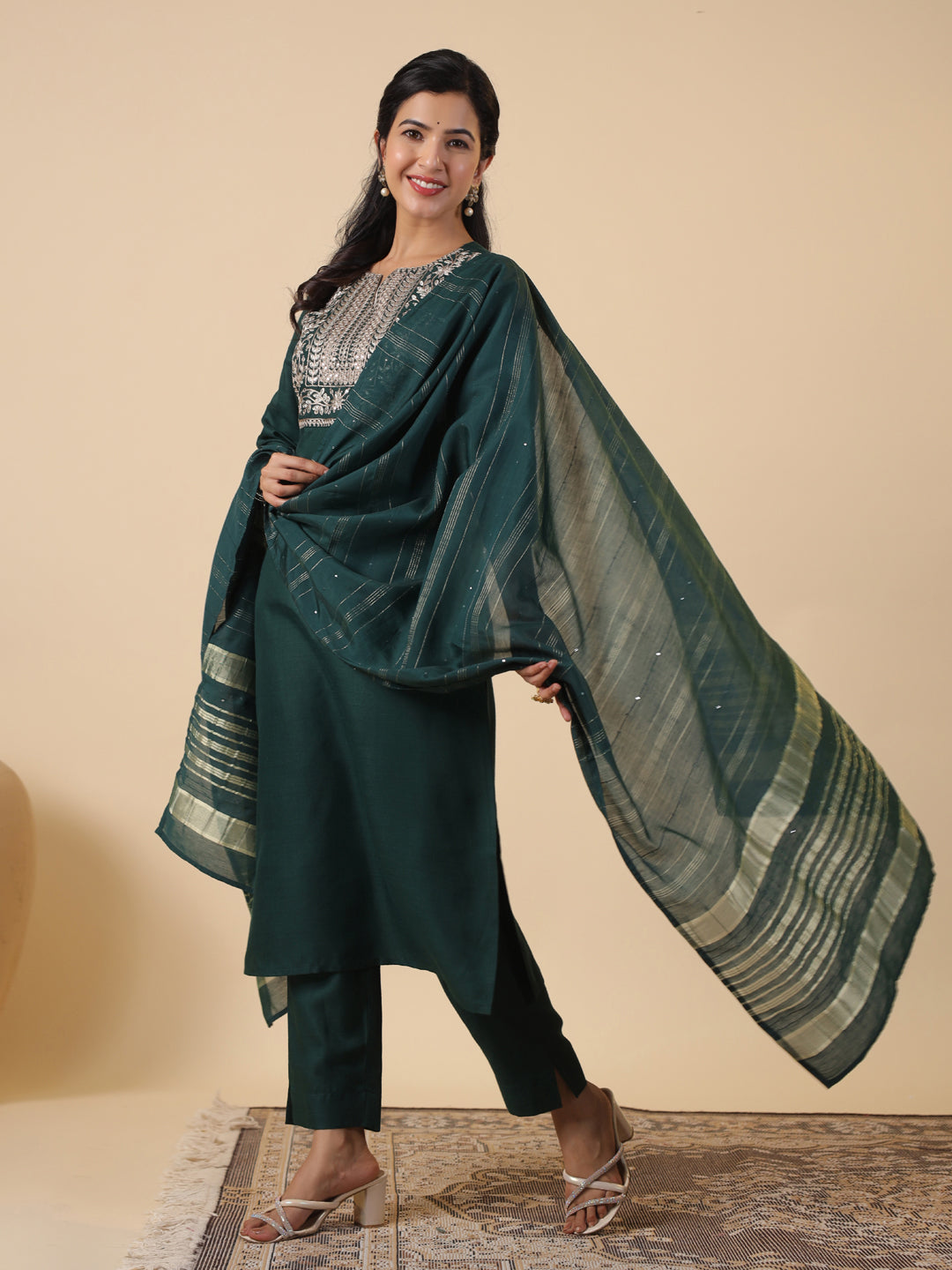 Janasya Dark Cotton Blend Yoke Embroidery Straight Kurta Set